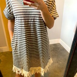 Striped Fringe Dress gray and white